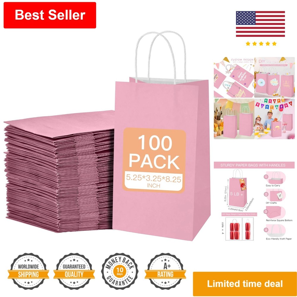 Pink Gift Bags with Handles - 100 Pack - 5.25x3.25x8.25 Inches - Ideal for Parties Favors Gifts