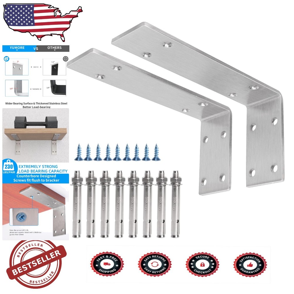 8-Inch Stainless Steel Shelf Support Brackets - 230lb Load Capacity, DIY Ready