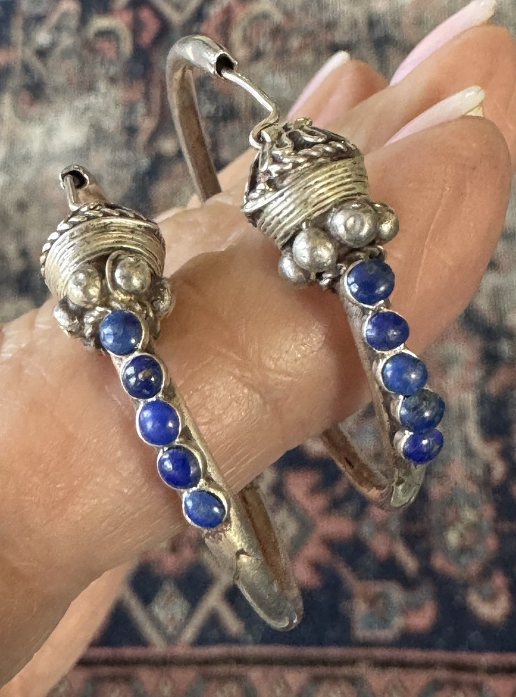 Large Vintage Silver & 5 Lapis Stone Bead Hoop Tribal Earrings Ornate Wonderful