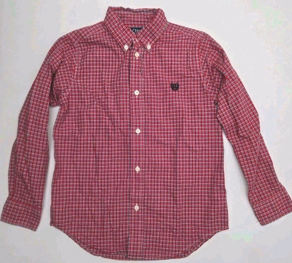Chaps Boys Button Down Shirt Size 7 Red Plaid Long Sleeve Dress Shirt Cotton...