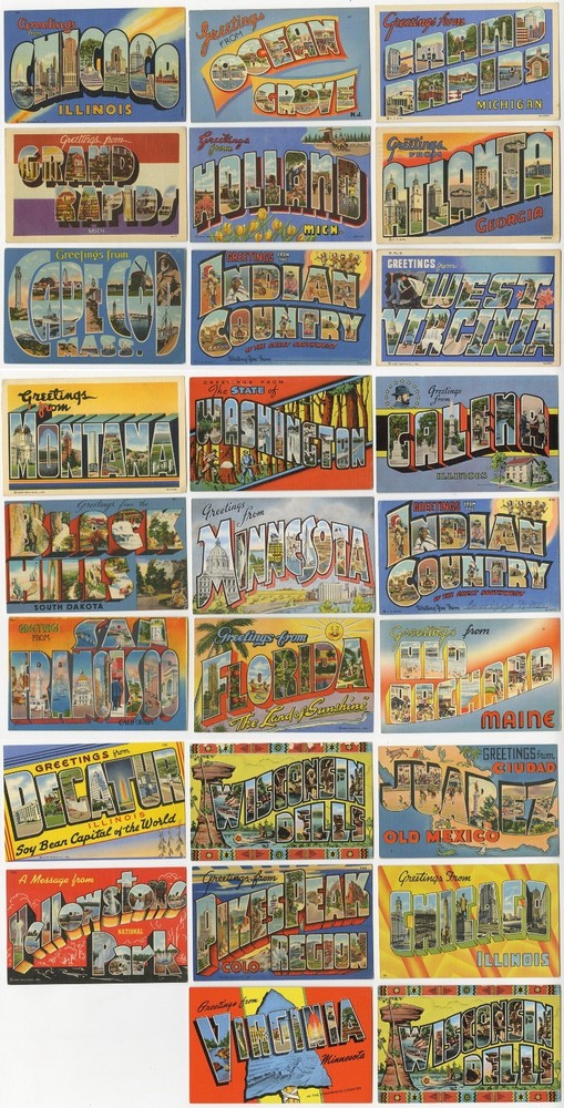 Lot of 26 LARGE LETTER Linen POSTCARDS - US States, Cities and Regions + Juarez
