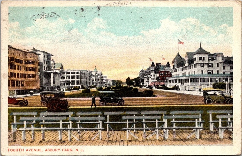 1914 Asbury Park NJ Fourth Avenue Ocean Grove Postcard Vintage Cars Boardwalk