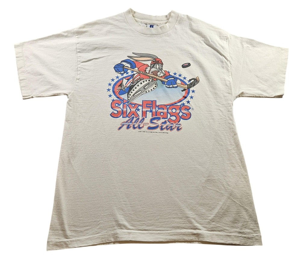 Vintage Six Flags Shirt Mens XL Looney Tunes Bugs Bunny Hockey All Star 90s