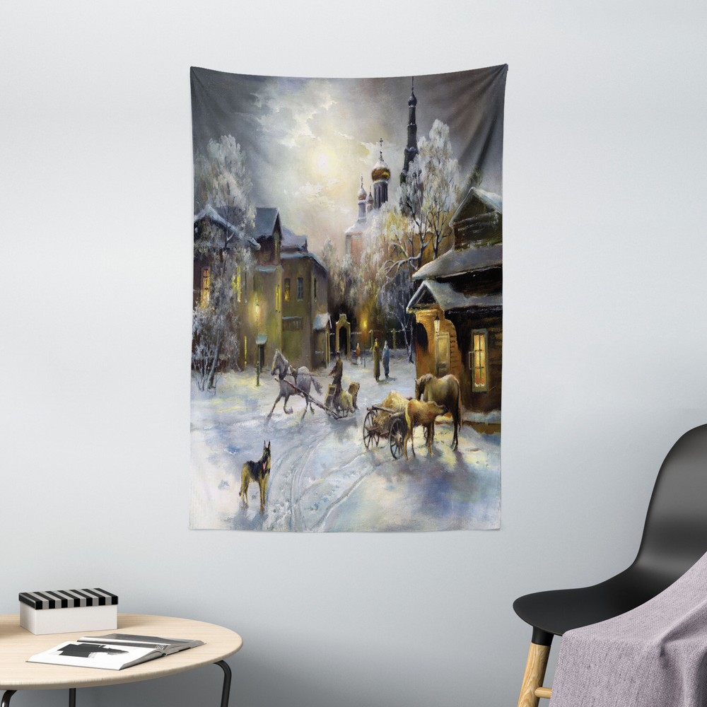 Colorful Tapestry Winter Rural Landscape Print Wall Hanging Decor