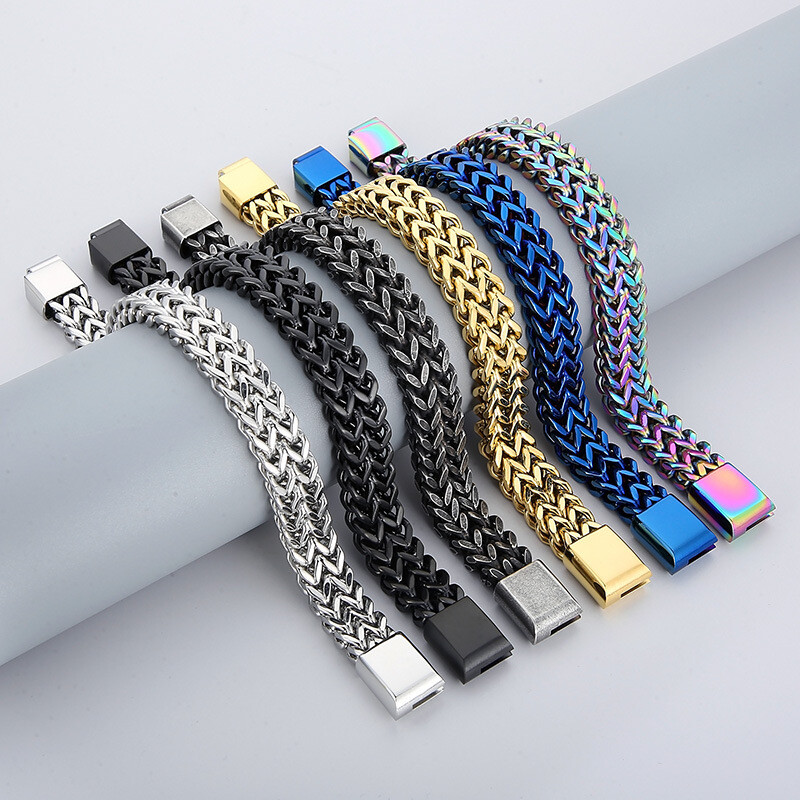 New woven double row reversible keel flat buckle titanium steel men's bracelet