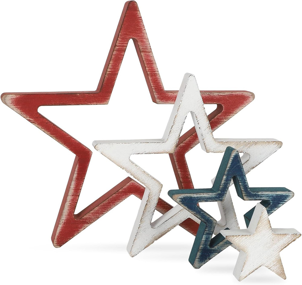 4Th of July Table Decorations, Red White Blue Stars Decorations Set of 4, Retro