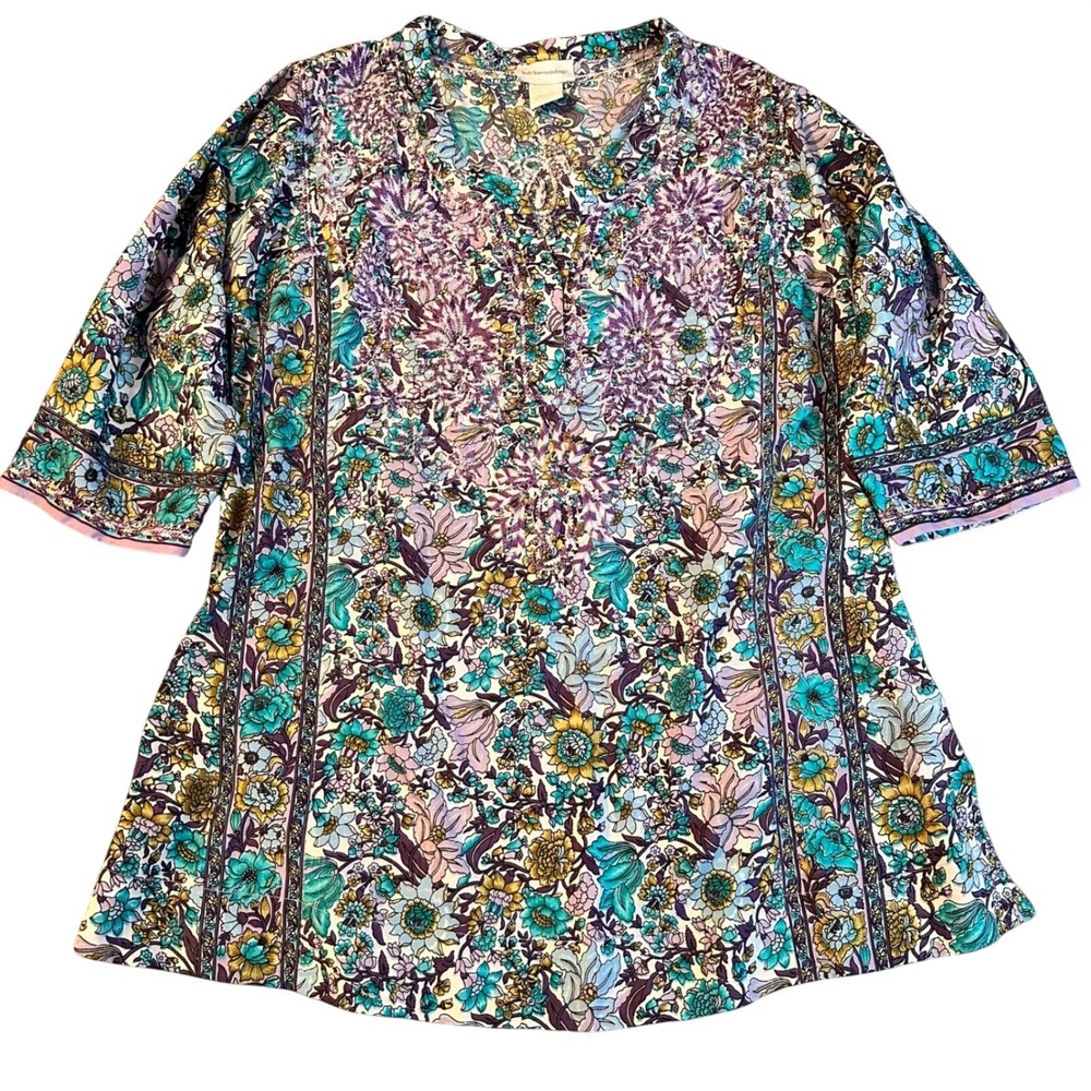 Soft Surroundings Floral Embroidered Tunic Top Purple Teal PM Boho Flowy