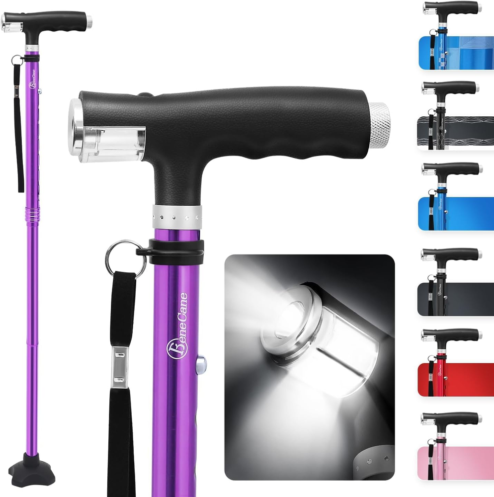 Benecane Walking Cane for Women Folding Cane for Men with Two Led Lights Quad Ca