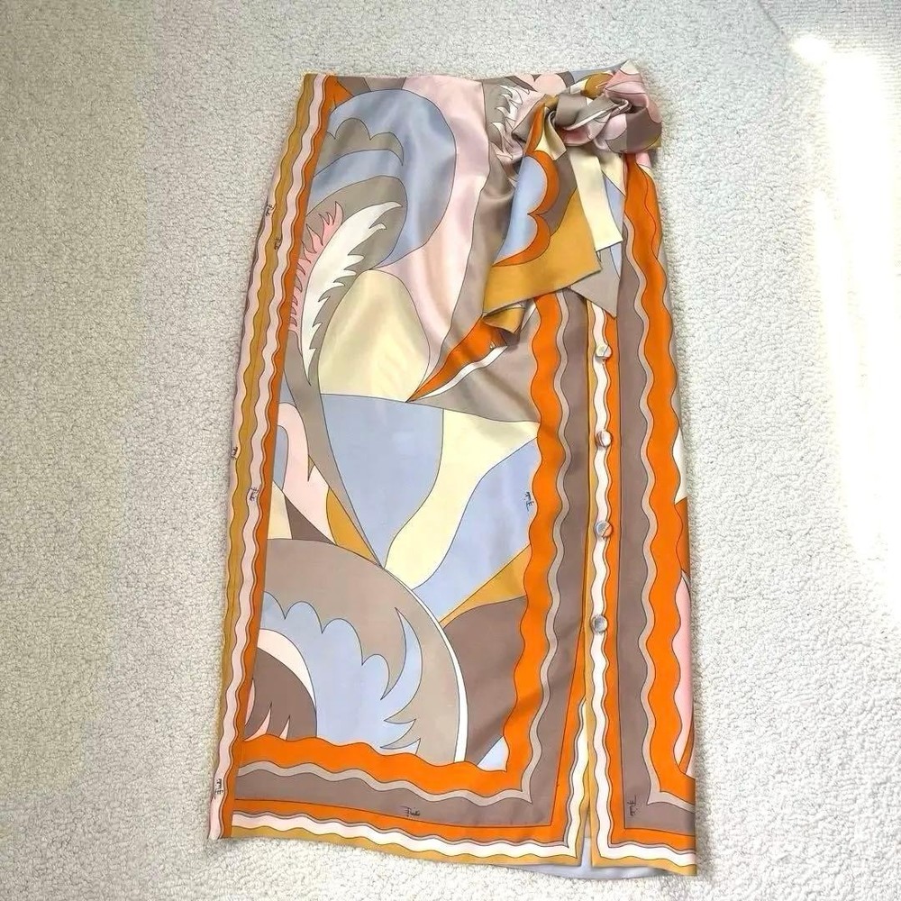 EMILIO PUCCI Skirt 100% Silk Ribbon Multicolor Geometric Pattern Size M IT 40 JP