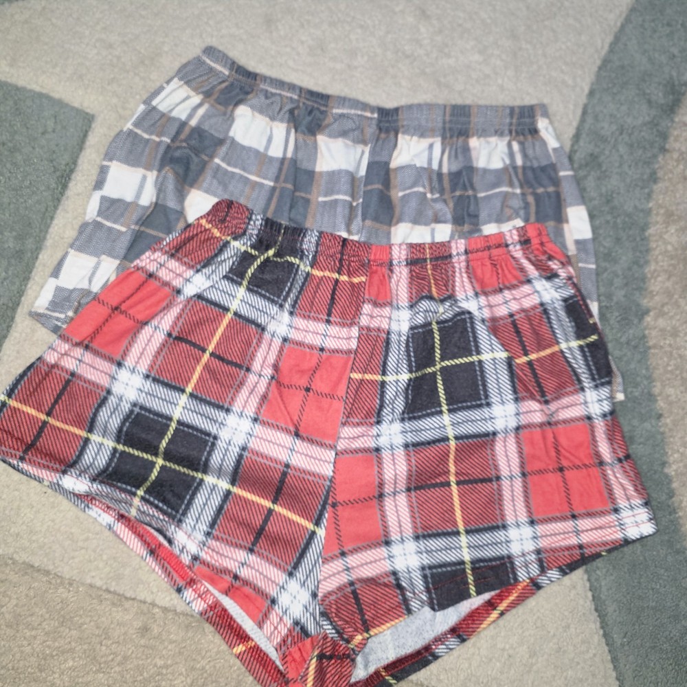 Women's Plaid Boxer Shorts Set of 2, Red Gray Black White, Size S