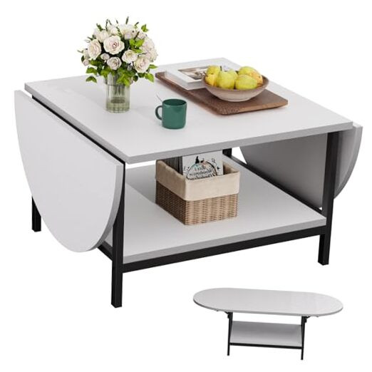 Modern Coffee Table Extended Coffee Tables with Storage for Living Room White