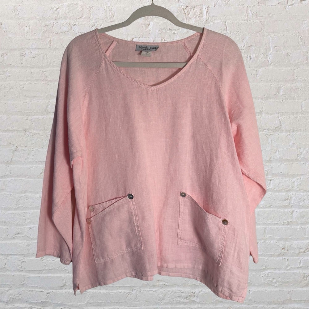 Match Point Linen Top M Baby Pink USA Button Pocket Tunic Lagenlook Artsy