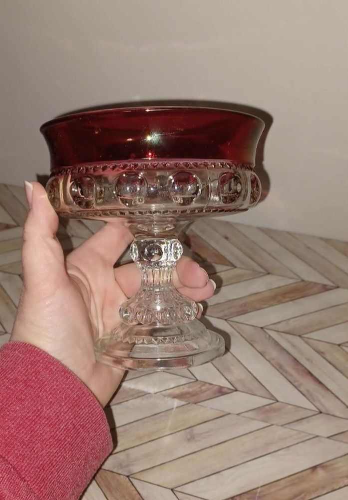 VTG Indiana Glass Kings Crown Ruby Cranberry Pedestal Compote Candy Nut Dish