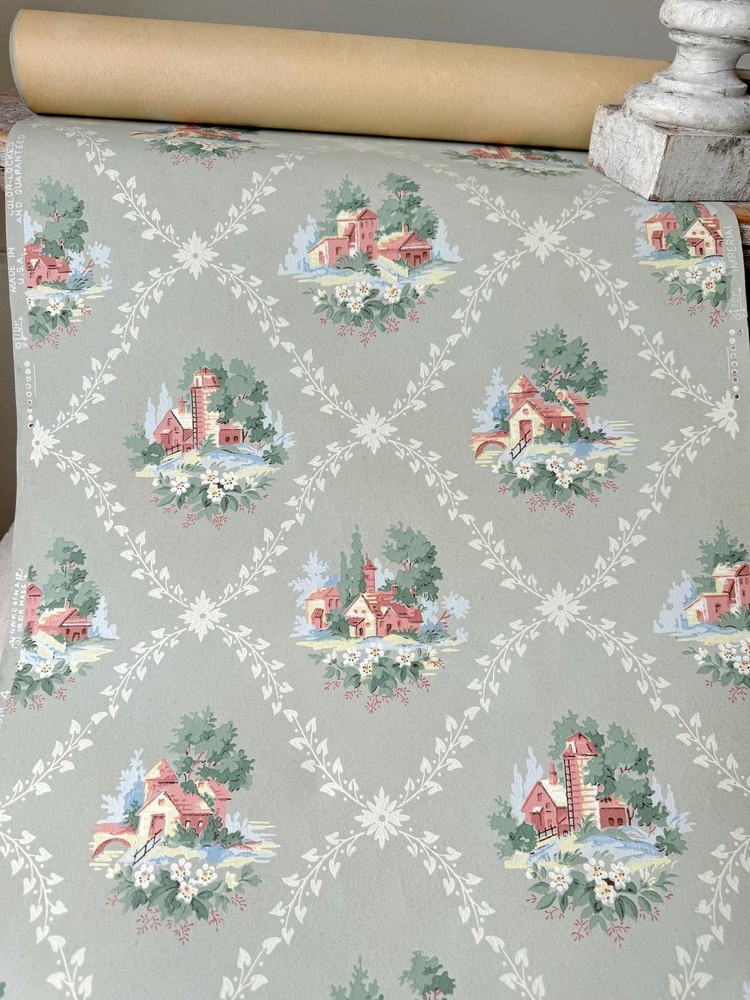 9.5yds American Wallpaper Roll 1940s Country Cottage Scene Blue sage Green Whit