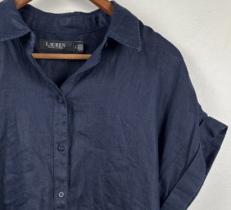 Lauren Ralph Women Large 100% Linen Shirt Navy Blue  Button Up Short Sleeve Roll