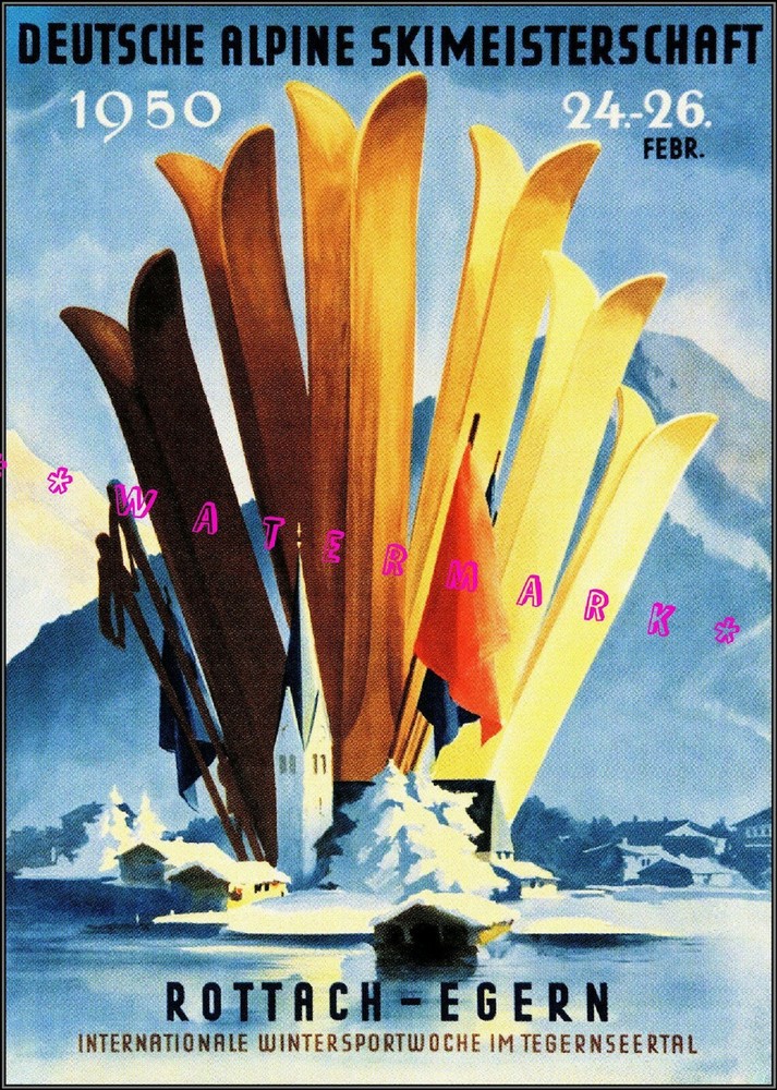 1956 German Alpine Skimeisterschaft Vintage Ski Poster Retro Winter Sports Art  