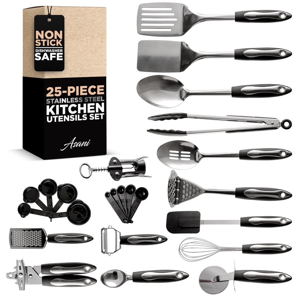 Asani 25-Piece Stainless Steel Kitchen Utensil Set | Non-Stick Cooking Gadget...