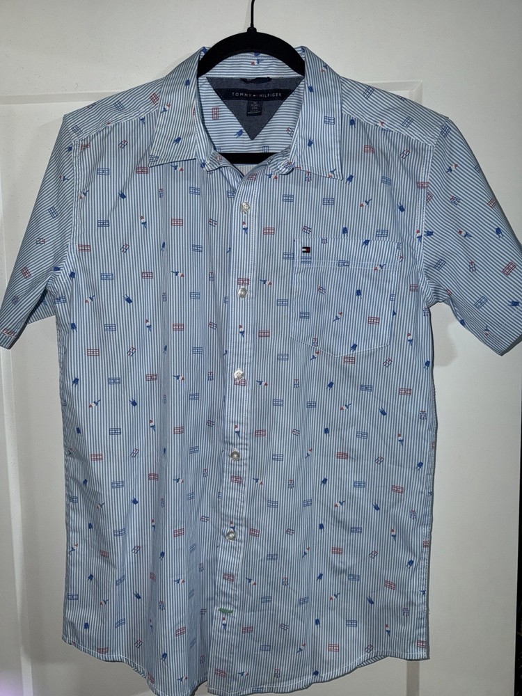 Tommy Hilfiger Boys XL Blue/White Striped Patriotic Short Sleeve Button-Up Shirt