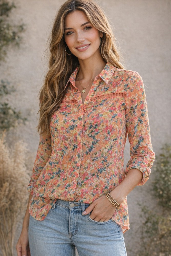 Kut From The Kloth Floral Blouse Womens Medium Sheer Orange Button Front Boho