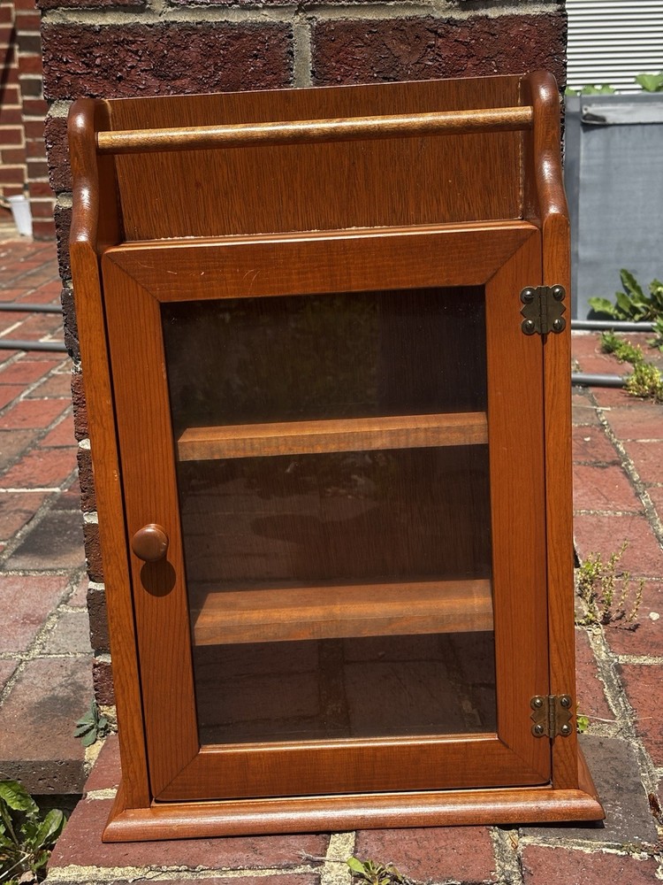 Vintage Curio Cabinet Wood Shelves Glass Door 3 Shelves Wall Hanger 21”