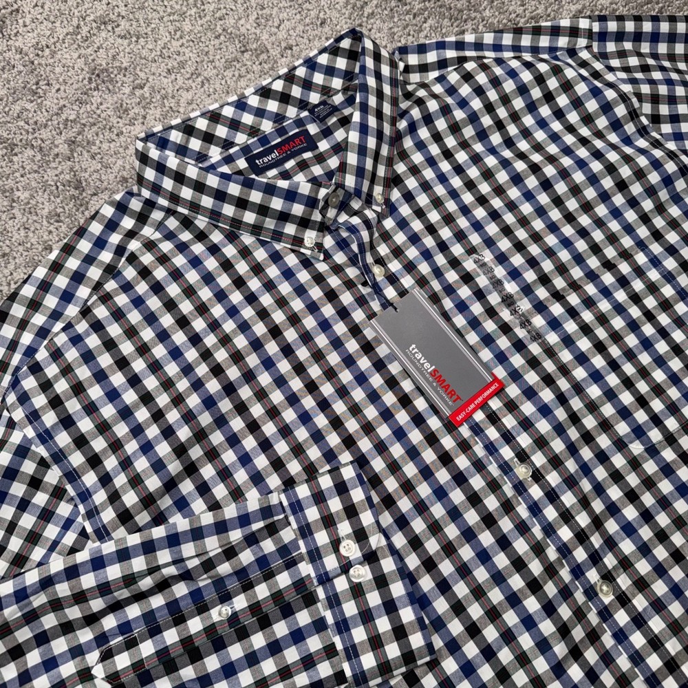 Roundtree & Yorke TravelSmart Shirt Mens 4XB Plaid Long Sleeve Navy Green NEW