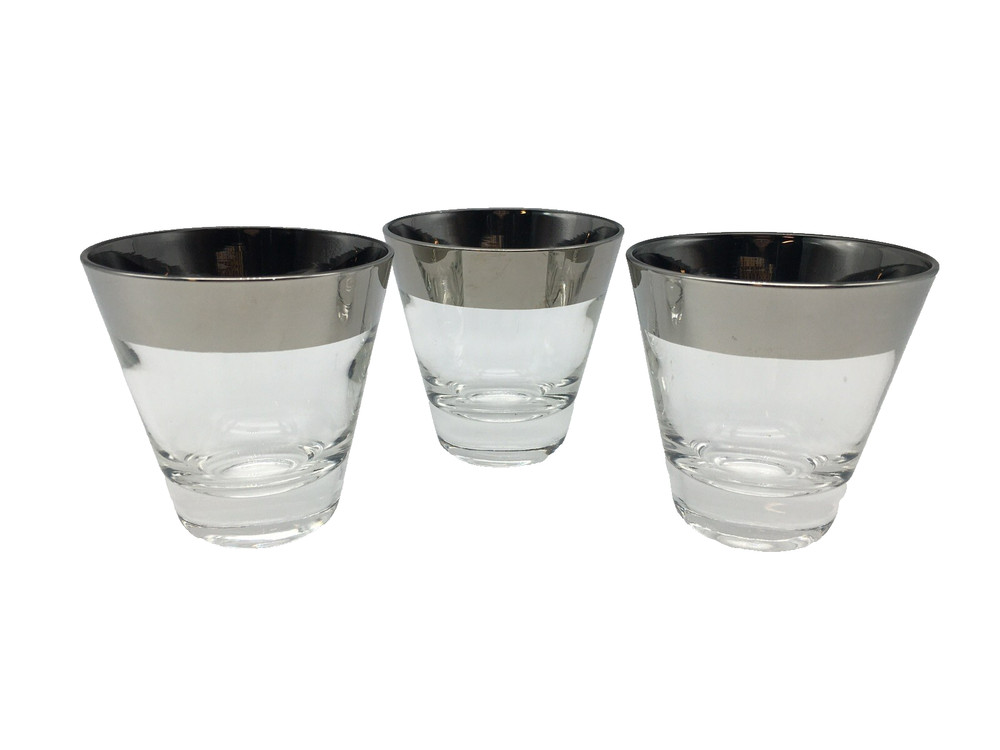Set of 3 Dorothy Thorpe Double Shot Glasses Silver Banded Rims Vintage MCM