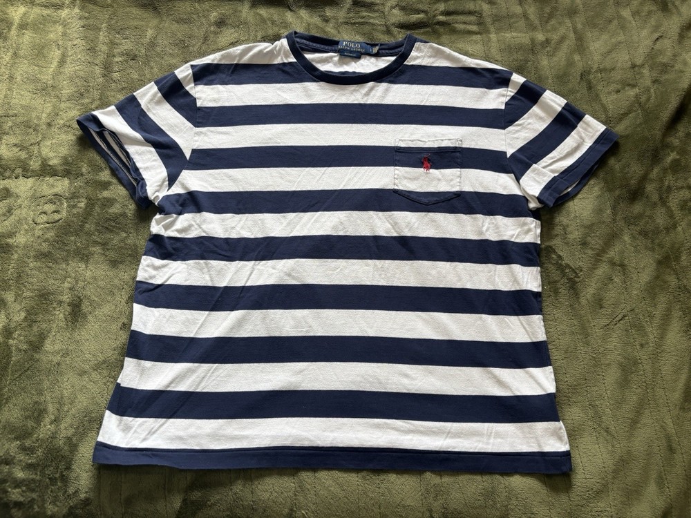 Polo Ralph Lauren Shirt Womens Large Blue White Striped Classic Fit Pony Logo