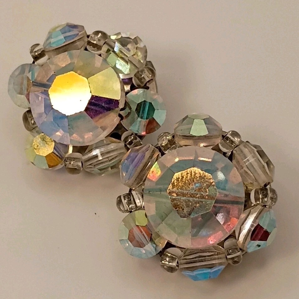 Vintage Aurora Borealis Crystal Clip On Earrings