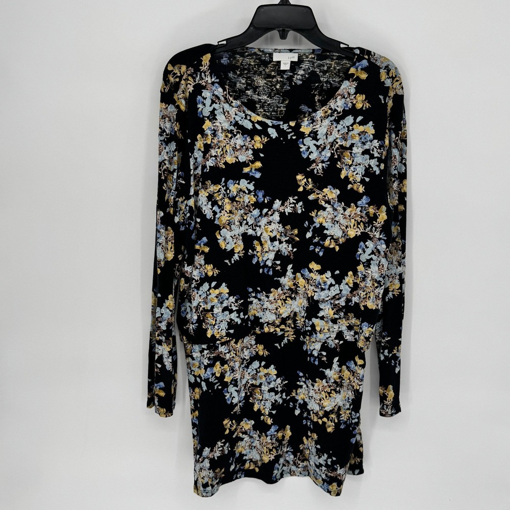 J Jill Black Floral Long Sleeve Scoop Neck Top Women's Size Large Cottage Core