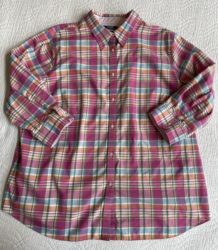 Chaps Womens No Iron Plaid Button Shirt Sz 2X Pink 3/4 Sleeve Summer Preppy