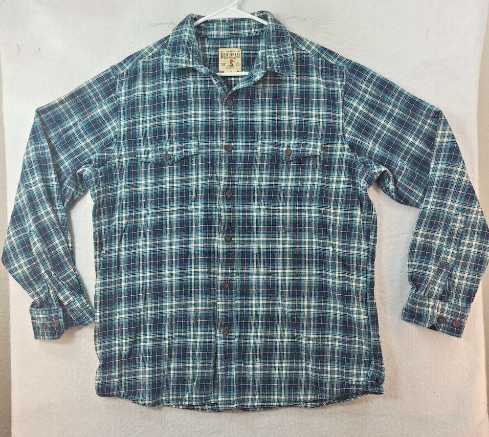 Red Head Mens Large Green Plaid Long Sleeve Button Up Flannel Shirt