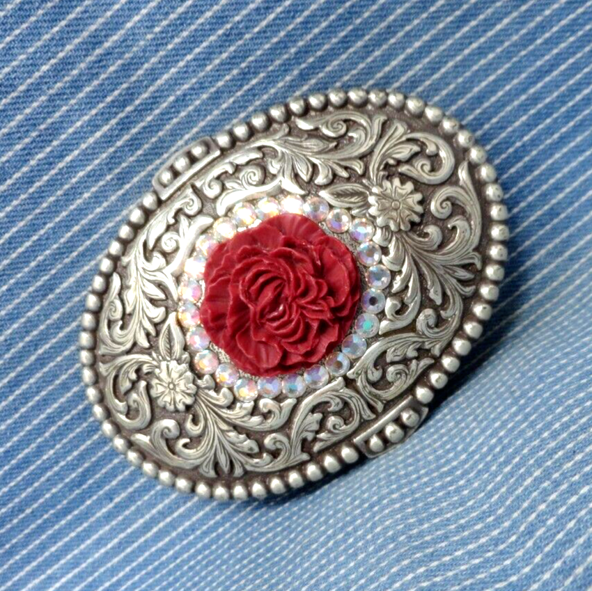 Western Rose Belt Buckle Scroll Flourish Rhinestone Cowgirl Vtg 90s      .GTA592