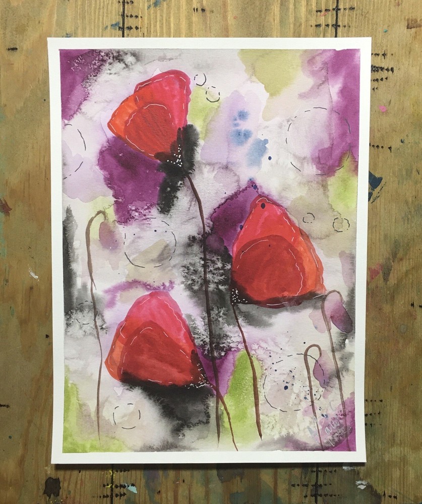 Maria Scalf Flowers Floral Abstract Botanical Poppy Watercolor Signed Art 9x12