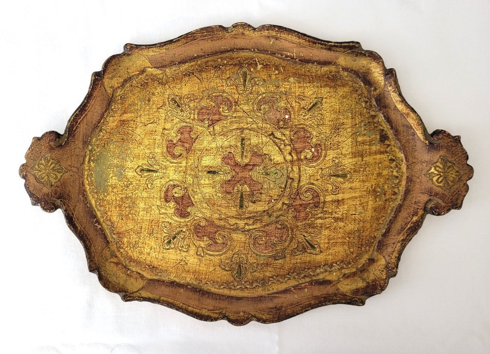 Vintage Italian Florentine Tole Gold Gilt Vanity Serving Tray Ornate 17