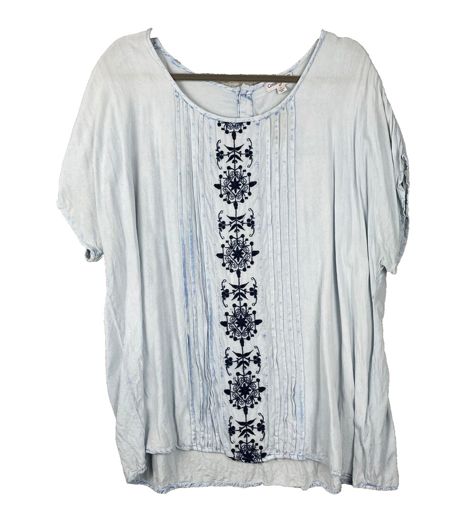 Greater Good Top Womens 2X Blue Embroidered BOHO Peaseant Pintucked Short Sleeve
