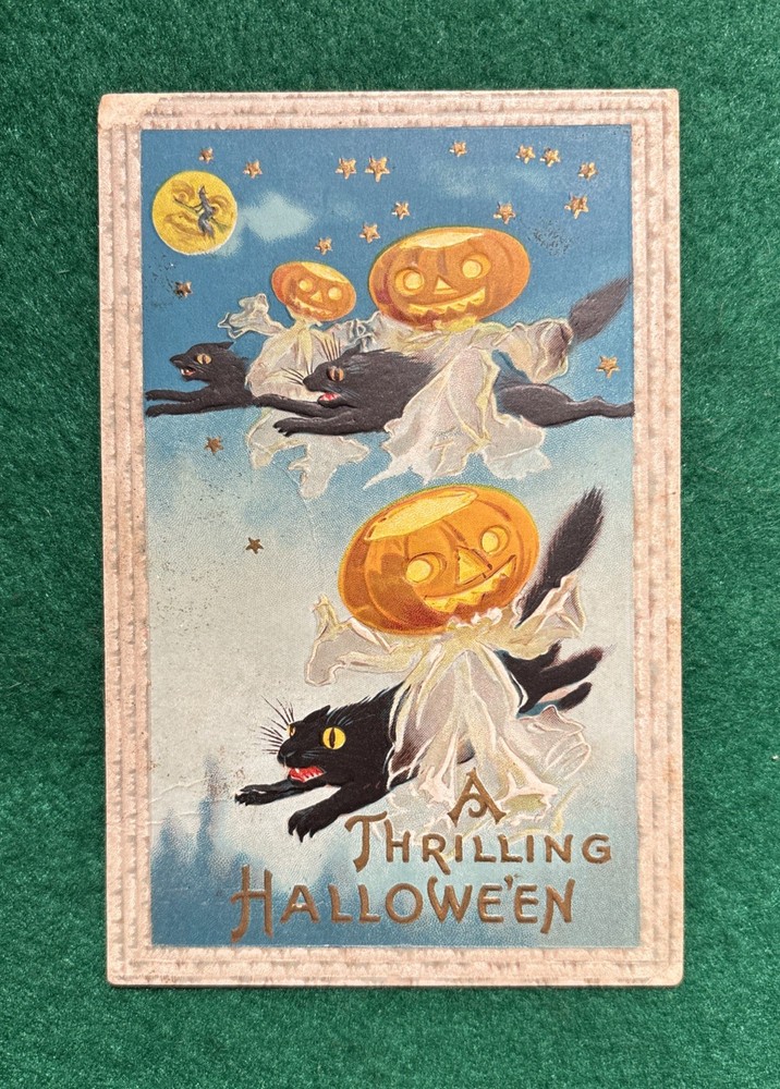 Vintage Halloween Postcard Samson Bros JOL Flying Cats~Gold Stars~Witch~Moon