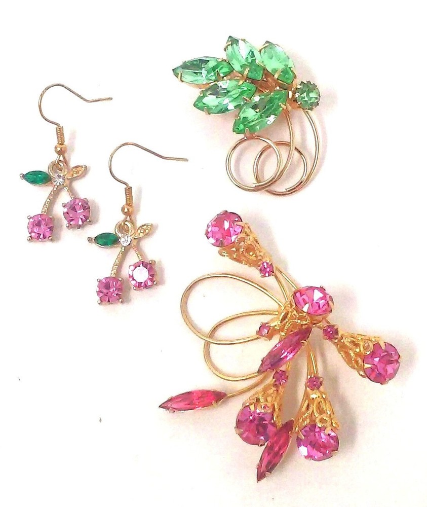 Vtg Lot of 3: Pink Green Rhinestone Flower Gold Tone Wire Brooch Pins & Earrings