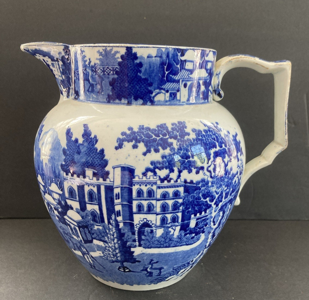 Antique Blue & White Staffordshire Pearlware Romantic Transferware Pitcher