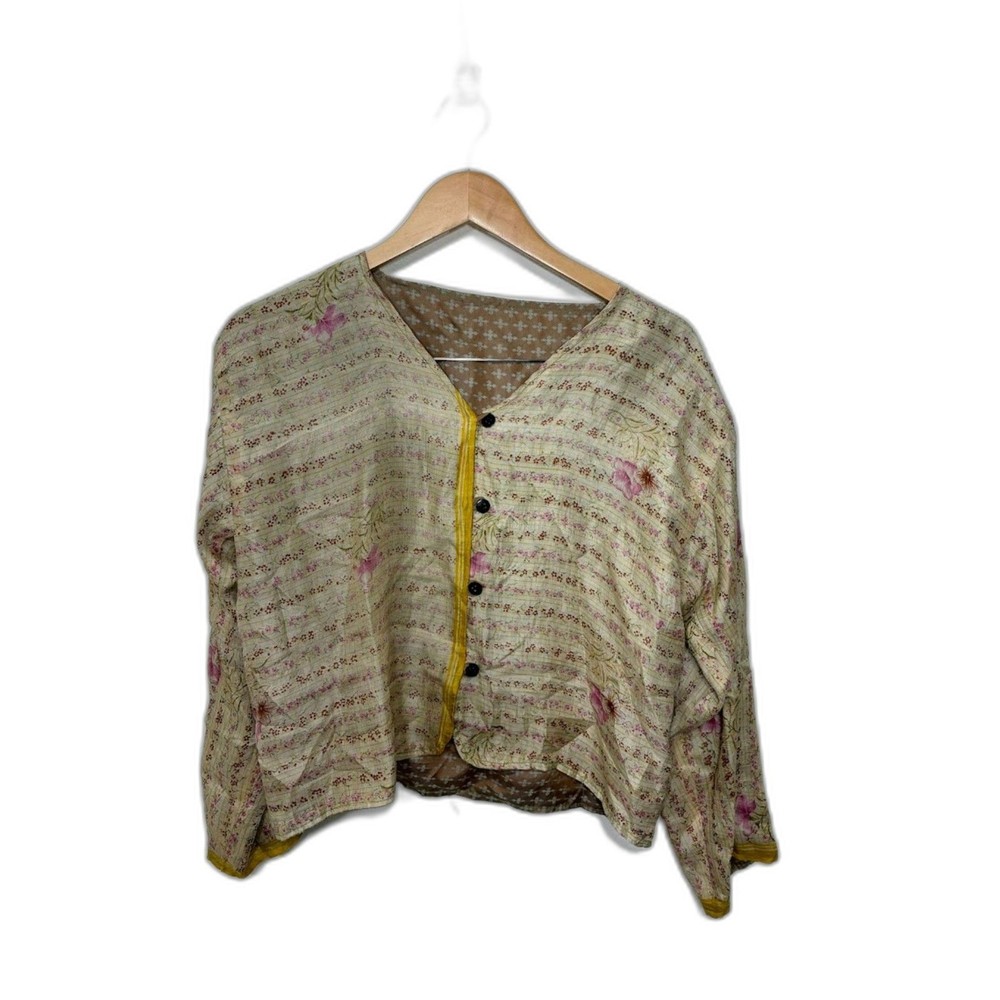 Vintage Blouse Women's Medium Brown Blue Green Silk Reversible Top Button Front