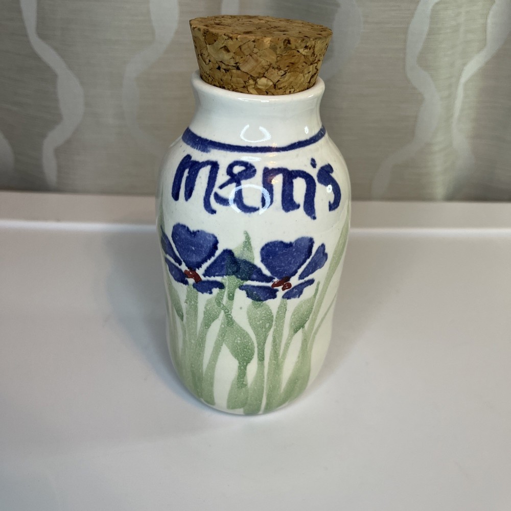 Vintage M&Ms Candy Studio Pottery Jar Cork Lid Hand Painted Flowers Signed