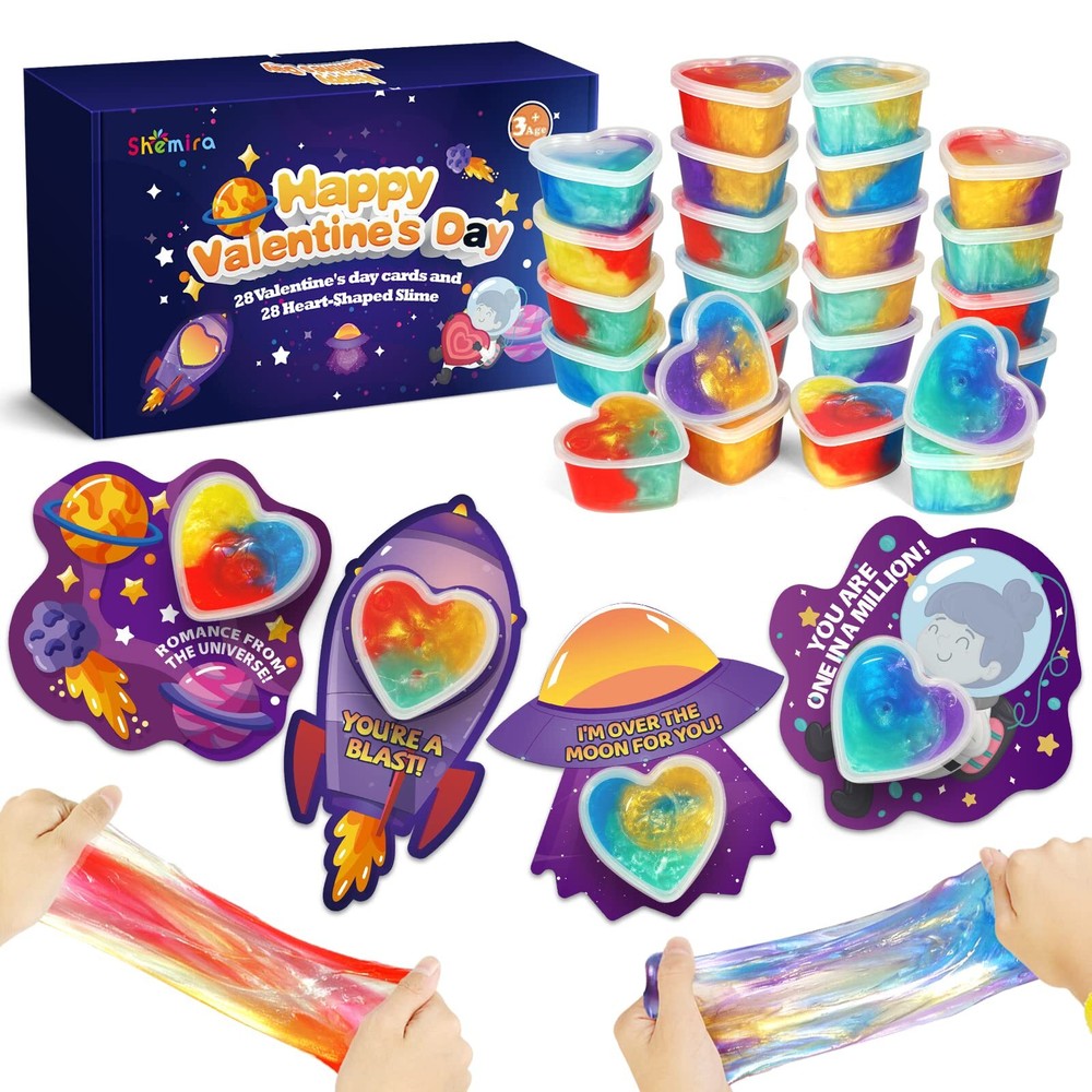 Valentines Day Cards for Kids- 28 Set of Heart Shape Galaxy Slime Toys and Ca...