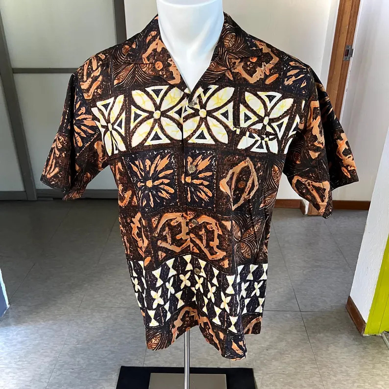 Vintage Tapa Print Hawaii Shirt Aloha Beach Summer Vacation Men