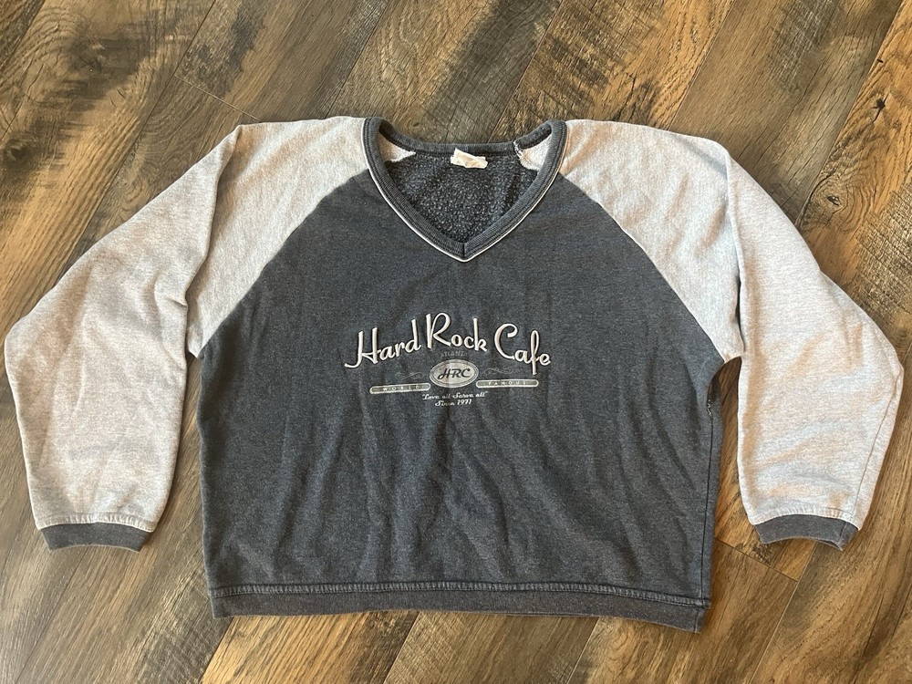 Women Vintage Hard Rock Cafe Sweatshirt Gray Cropped V Neck Pullover Small USA