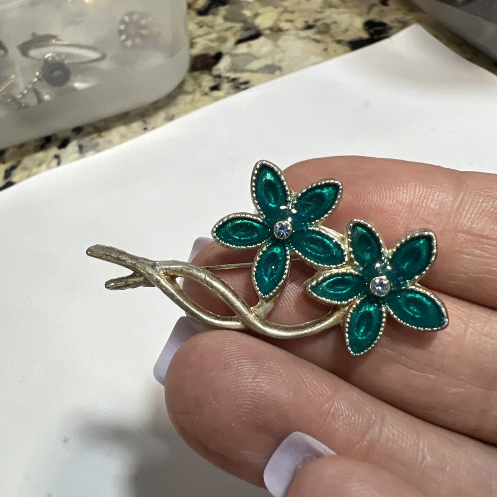 Vintage Silver Tone Blue Paste Stone Turquoise Blue Enamel Flower Pin Brooch