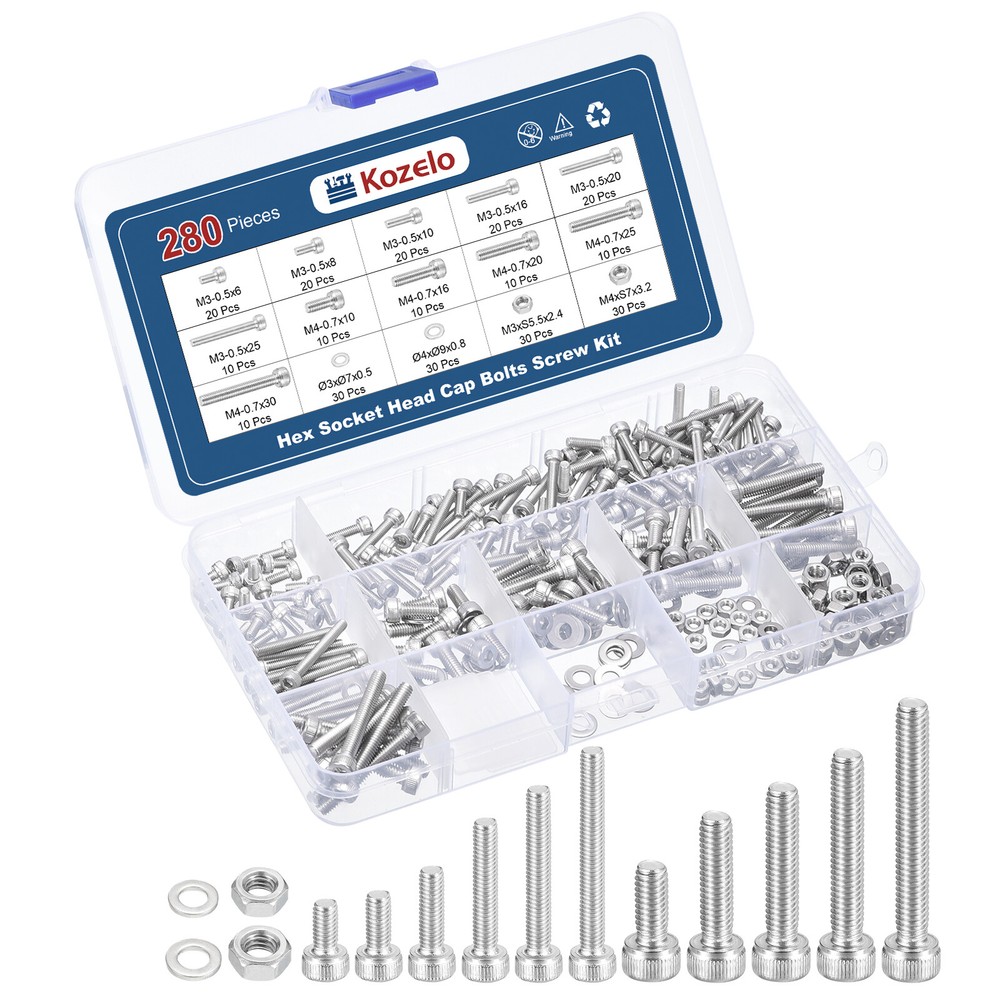 270pcs M3/M4 Socket Head Cap Screws Bolts Nuts Kit, Stainless Steel