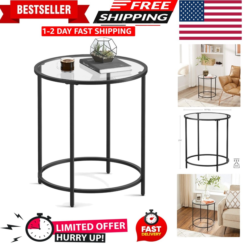 Round Side Table, Glass End Table with Metal Frame, Black Coffee Table with M...