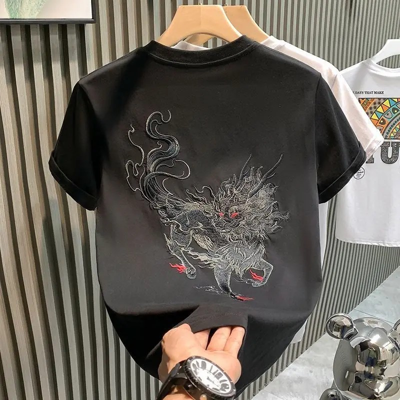Men’s Mythical Dragon Kirin Embroidery Short Sleeve Casual Summer T-Shirt