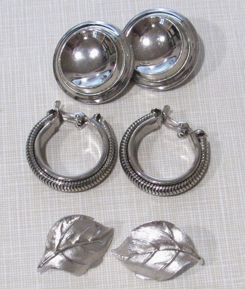 Vintage Signed CROWN TRIFARI BERGERE Pat Pend Clip On Earrings LOT 3 Pair SILVER