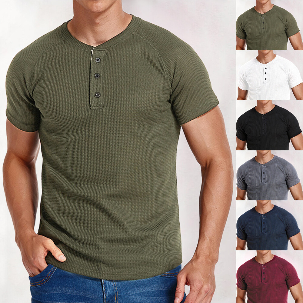 Camisas Henley acanaladas para hombre con botones de manga corta abuelo informal camiseta para el torso camiseta-image