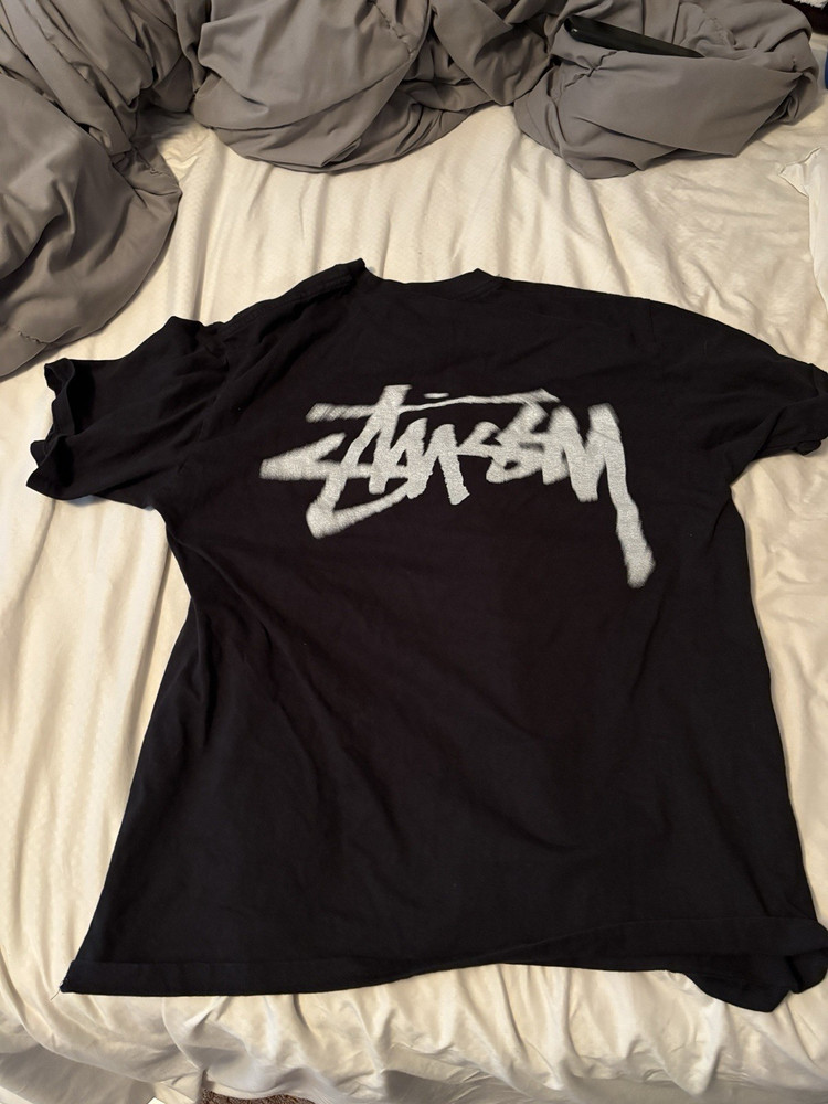 Stussy Men’s Black Graphic Logo Crew Neck Short Sleeve Cotton T-Shirt Size L